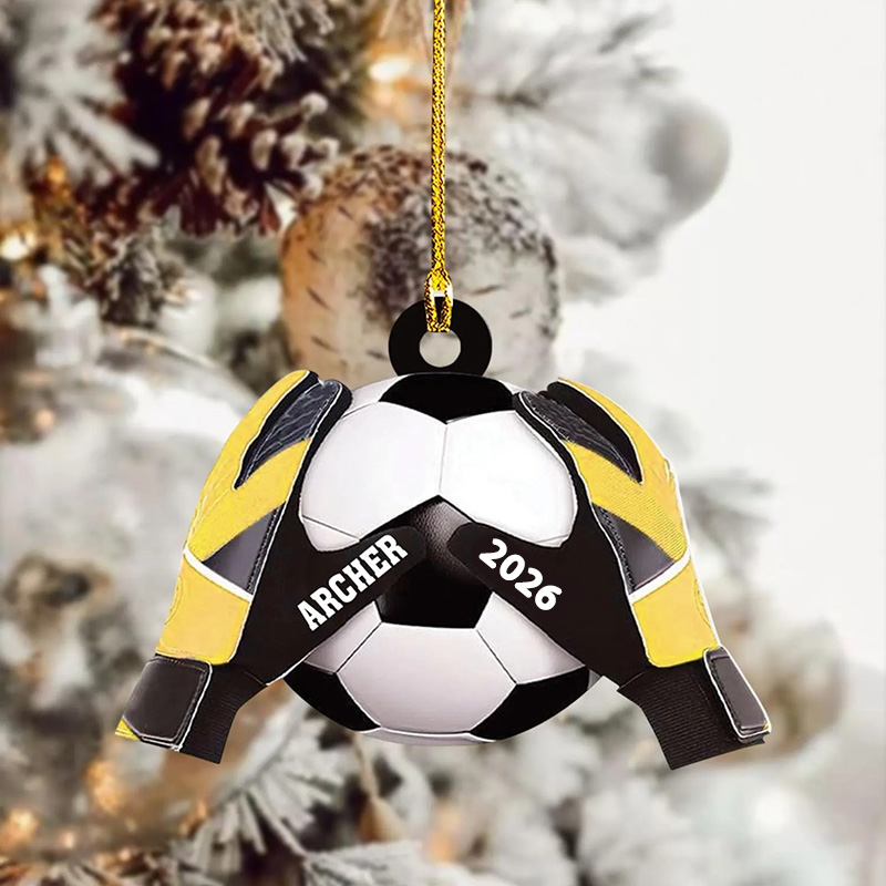 Personalized Acrylic Soccer Ball Christmas Ornament with Custom Name, Year, and Goalkeeper Gloves Design
