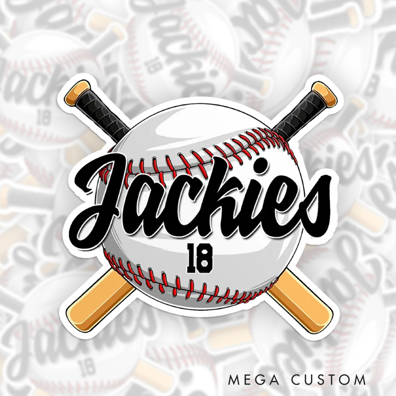 Personalized Baseball Sticker with Crossed Bats and Custom Name 