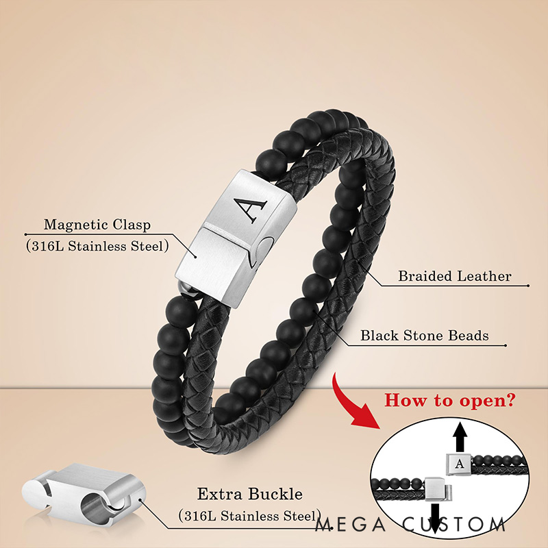 Personalized Beaded Leather Initial Bracelet 6mm Matte Agate Stone Handmade Bracelets Adjustable Mens Bracelet Magnetic Clasp Father's Day gift for Men Bracelets Valentine's Day Gift for groomsman 