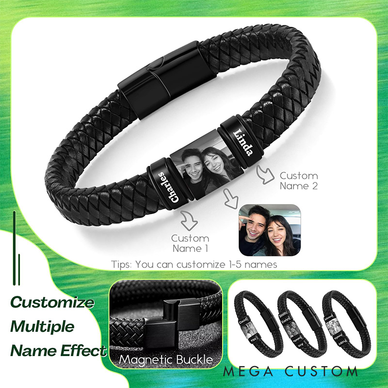 Personalized Leather Bracelets Custom Bracelet for men Engraving Bracelet with Name Photo Father's Day gift for Men Bracelets Valentine's Day Gift for Boyfriend
