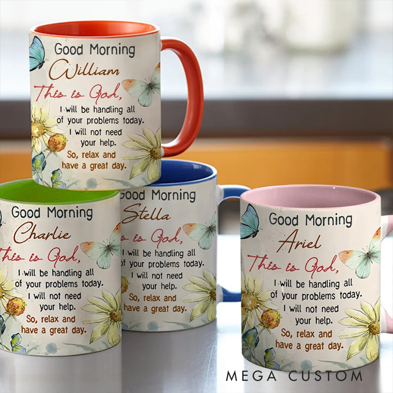 Personalized Good Morning This is God Christian 11oz Ceramic Mug with Name Bible Verse Inner Color Mug Birthday Religious Inspirational Gift for Women
