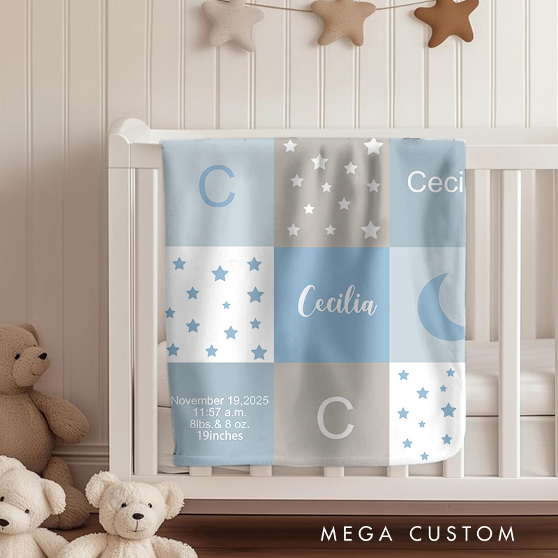 Personalized Baby Name Blanket - Soft Pastel Patchwork Design With Birth Details Moon And Stars Pattern Baby Keepsake