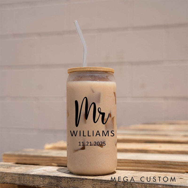 Personalized Mr and Mrs Anniversary Glass Cup Couple Water Bottle with Name Couple Glass Coffee Cup for Anniversary