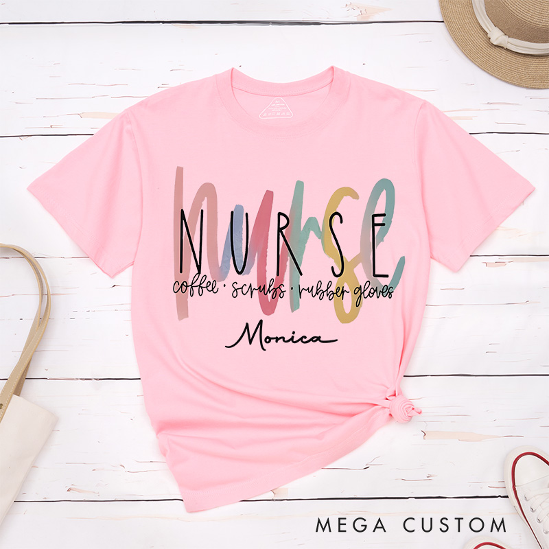 Personalized Nurse T-Shirts Nurse Essentials Coffee Scrubs Rubber Gloves Fashion Design T-Shirts