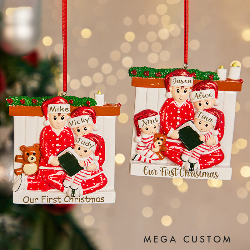 Personalized Reading Pajama Family of Four with Matching Pajamas Decorating Christmas Tree Ornament