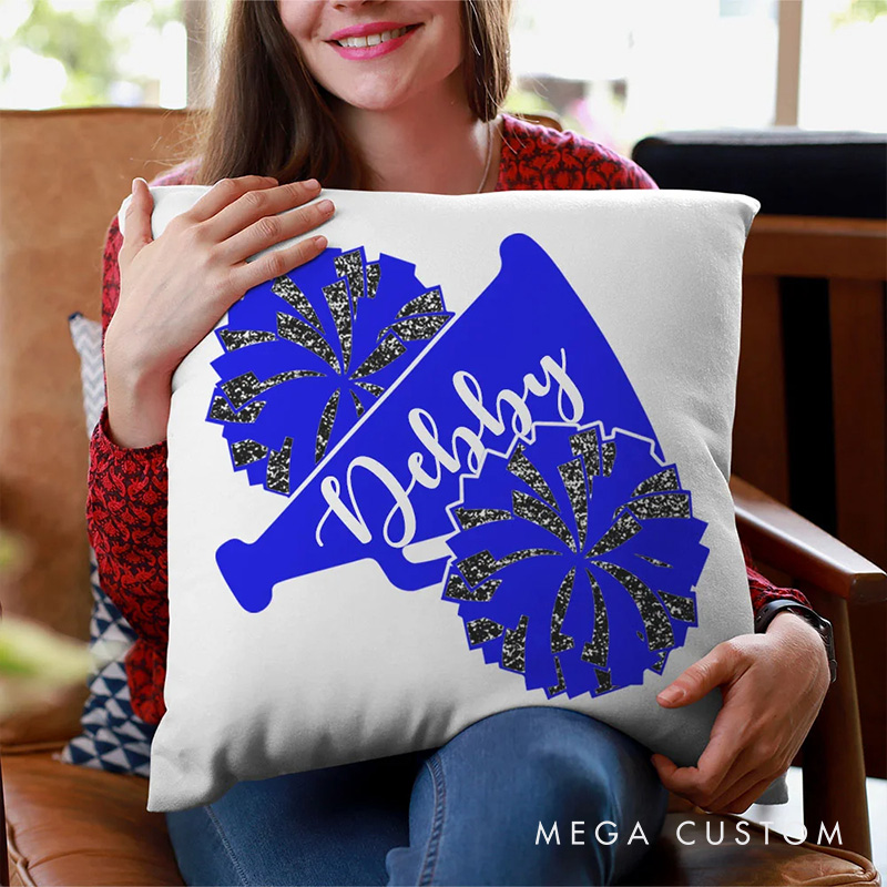 Personalized Megaphone and Pom Poms Cheerleader Throw Pillow with Custom Name