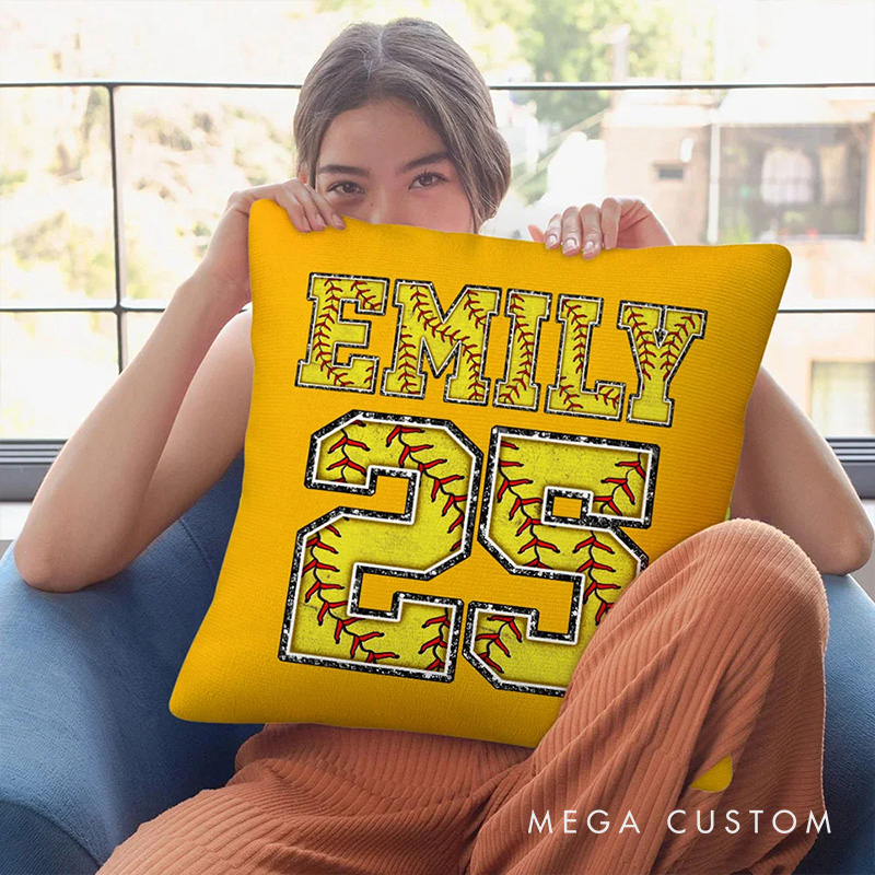 Personalized Multicolor Softball Throw Pillow with Custom Name and Number 