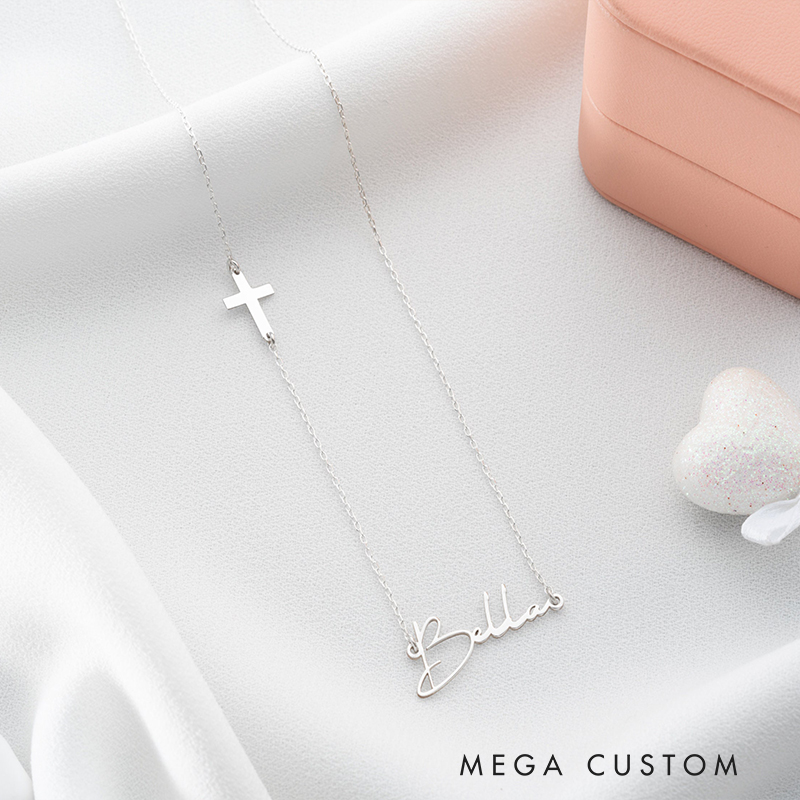 Personalized Sideway Cross and Name Pendant Necklace for Women Religious Jewelry Christening Baptism Gift for Women Christian Christmas Gift for Her