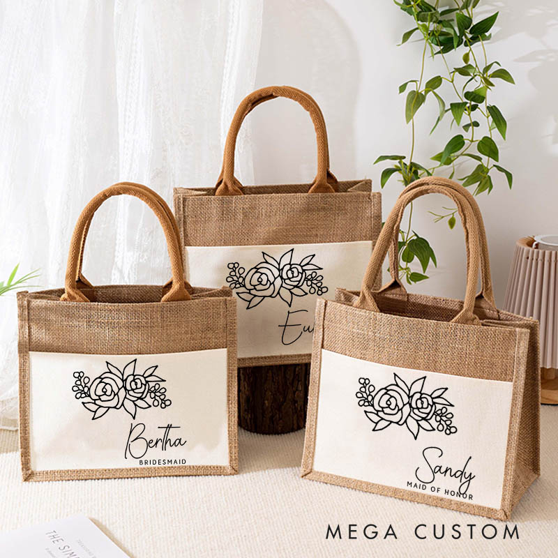 Personalized Bridesmaid Floral Burlap Tote Bag Bachelorette Party Tote Bag