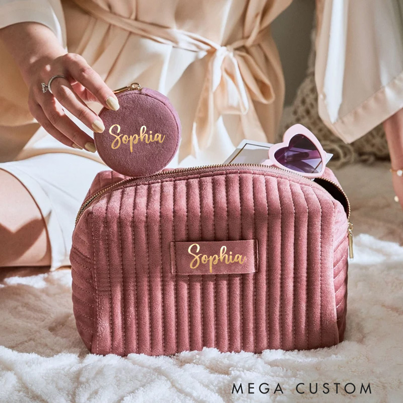 Personalized Velvet Makeup Bag Gold Name Cosmetic Pouch Gift For Her Party Favor