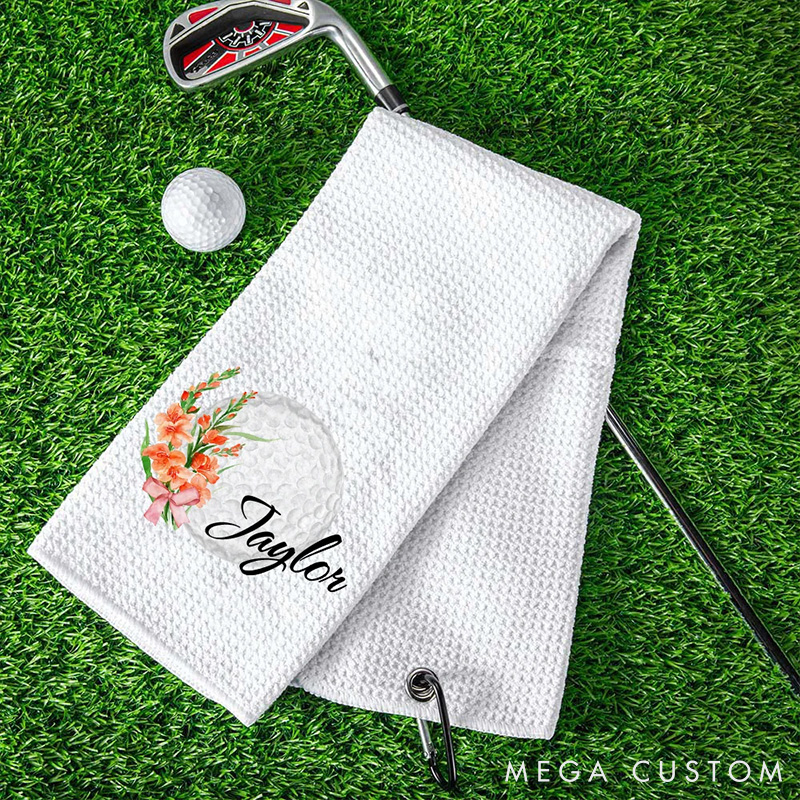 Personalized Soft Birth Flower Ladies Golf Towel with Custom Name Gift for Golf Lovers