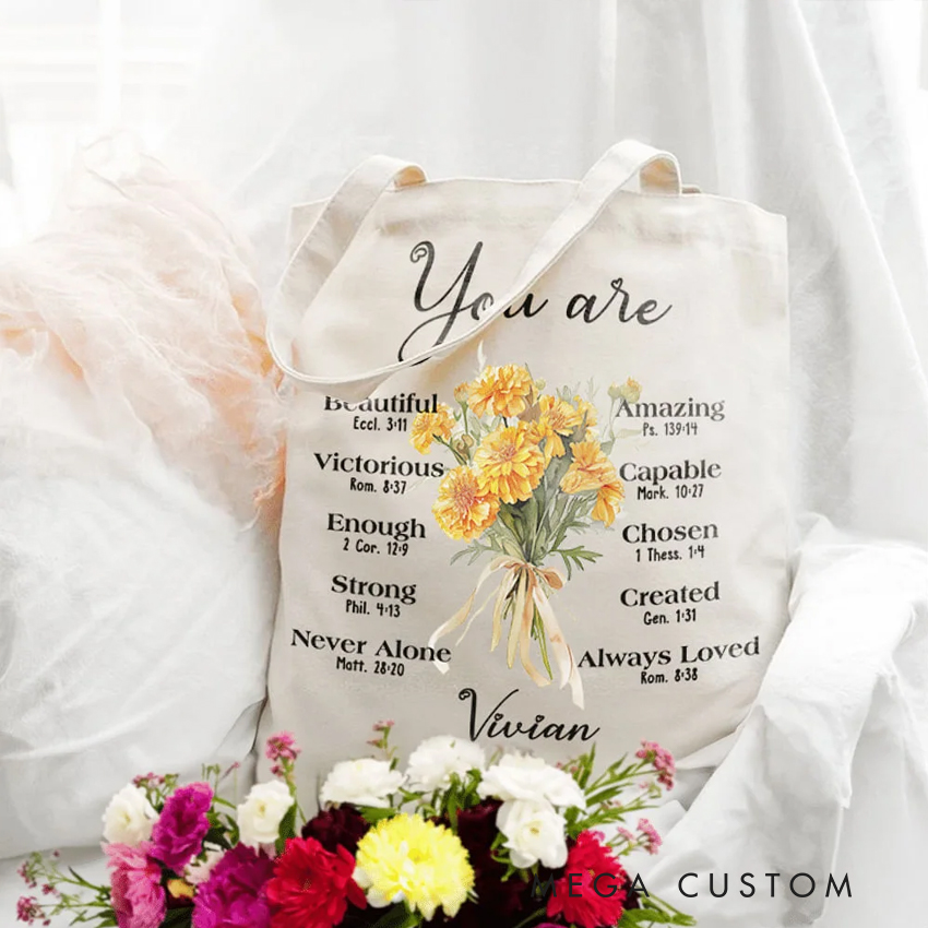 Personalized Birth Flower Bouquet Bible Verse Canvas Tote Bag with Name Inspirational Christmas Birthday Christian Gift for Women