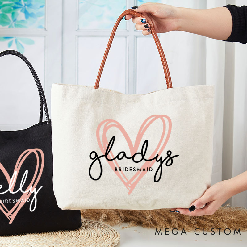 Personalized Bridesmaid Pink Heart Tote Bag with Name Bride Tote Bridal Party Gift