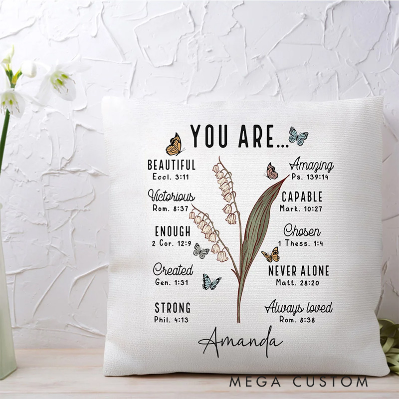 Personalized You Are Bible Verse Birth Flower Throw Pillow with Custom Name Christian Home Decor Birthday Gift for Women and Girls