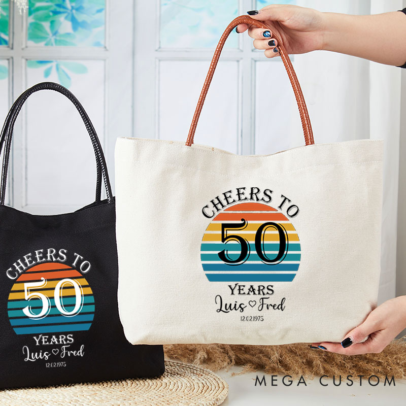 Personalized 50th Anniversary Handbag for Couple Large Capacity Anniversary Gift Simple Leather-Rope Canvas Bag