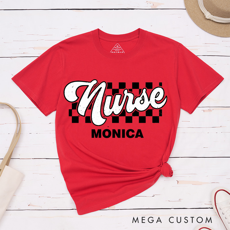 Personalized Nurse T-Shirts Checkered Care Nurse in Style Fashion Design T-Shirts