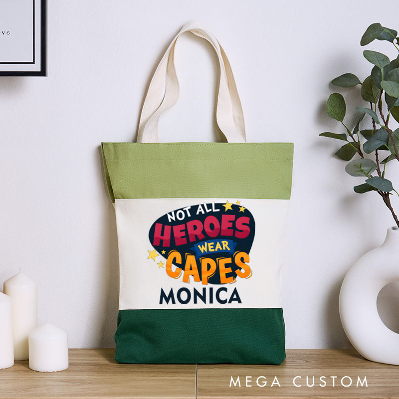 Personalized Nurse Tri Color Canvas Tote Bag Custom Not All Heroes Wear Capes Design Tote Bag Nurse Application Week Gift