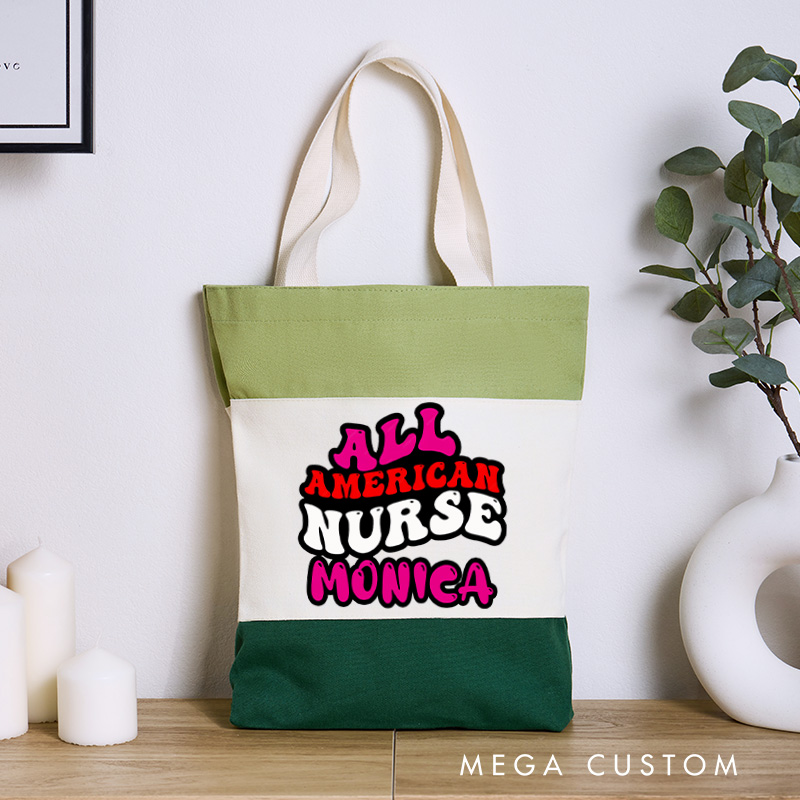Personalized Nurse Tri Color Canvas Tote Bag Custom All American Nurse Design Tote Bag Nurse Application Week Gift