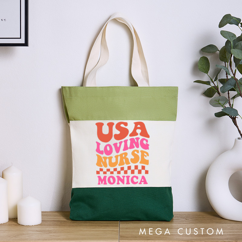 Personalized Nurse Tri Color Canvas Tote Bag Custom USA Loving Nurse Design Tote Bag Nurse Application Week Gift
