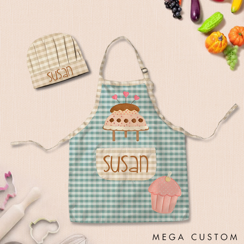 Personalized Checkered Cake Adjustable Kid Apron Chef Hat Set with Pocket and Name for Cooking Baking Birthday Holiday Gift for Kids