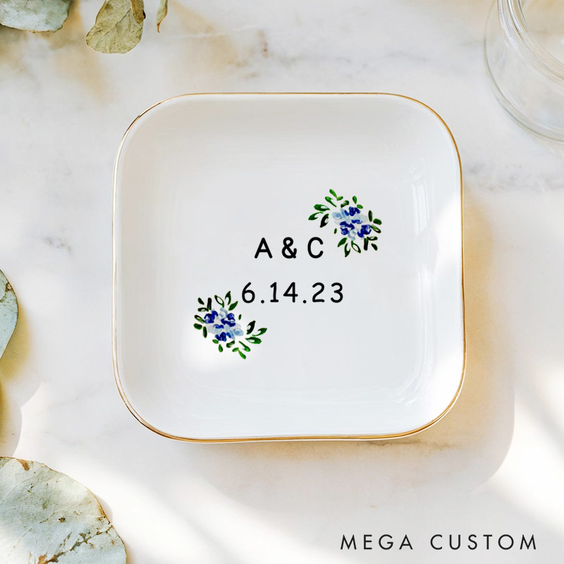 Personalized Blue Floral Wedding Monogram with Initials and Date Wedding Engagement Gold-Trimmed Ring Dishes