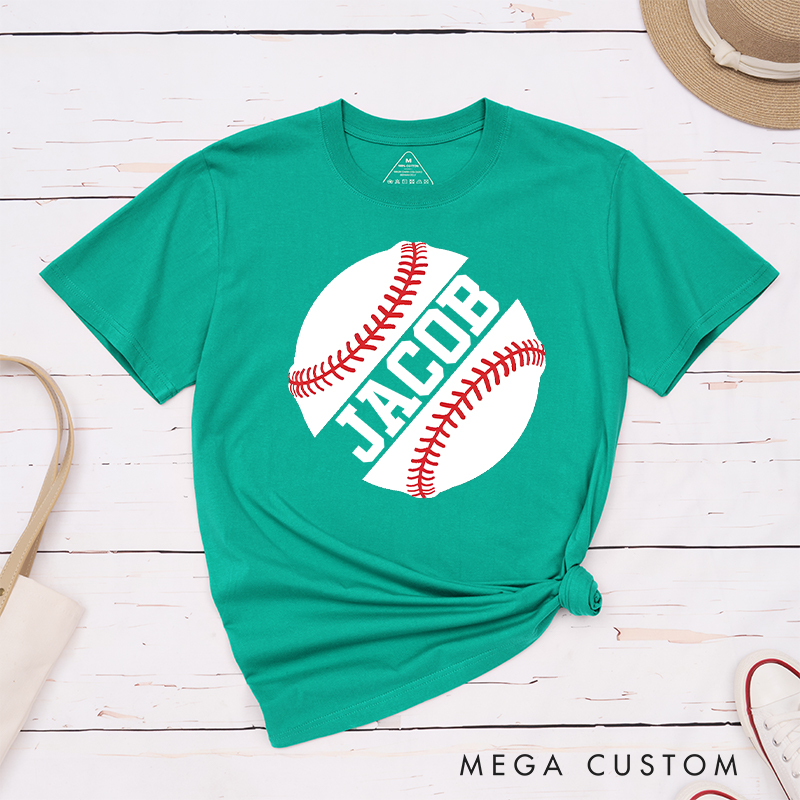 Personalized Game Day T-Shirt with Striking Half Baseball Art and Custom Text