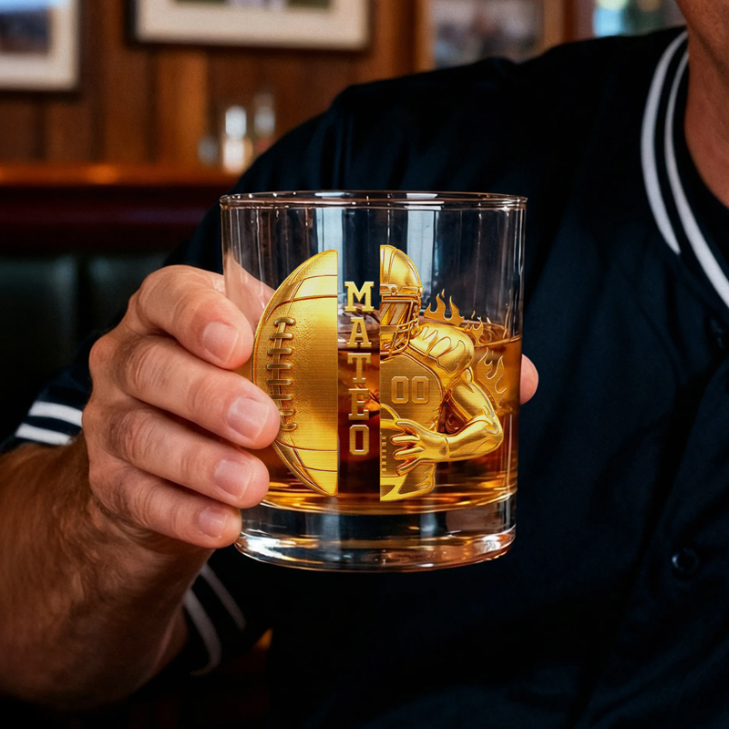 Personalized Golden Football Player Whiskey Glass with Name and Number Birthday Father's Day Gift for Man Bartender Whiskey Enthusiast