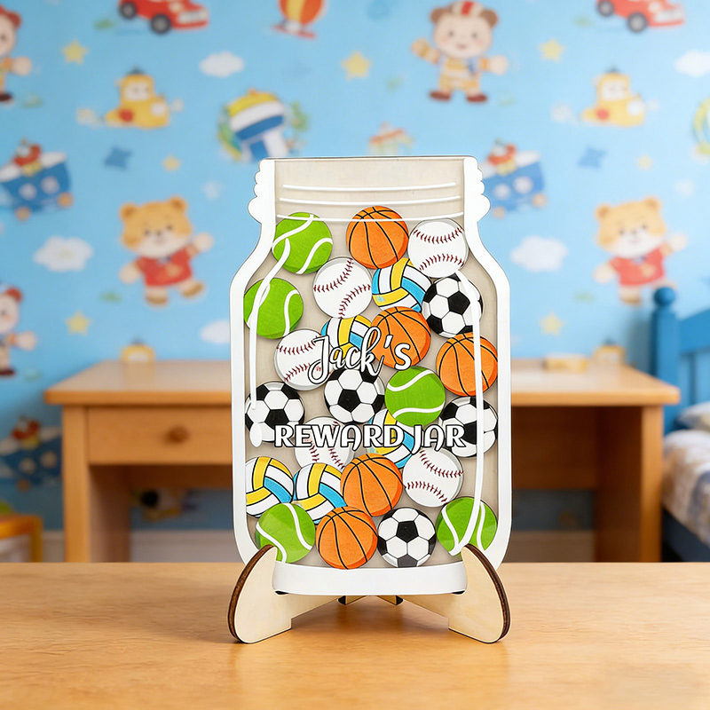 Personalized Sports Magnetic Reward Jar Wood Jar Custom Name Gift for Sport Kids Sport Lovers