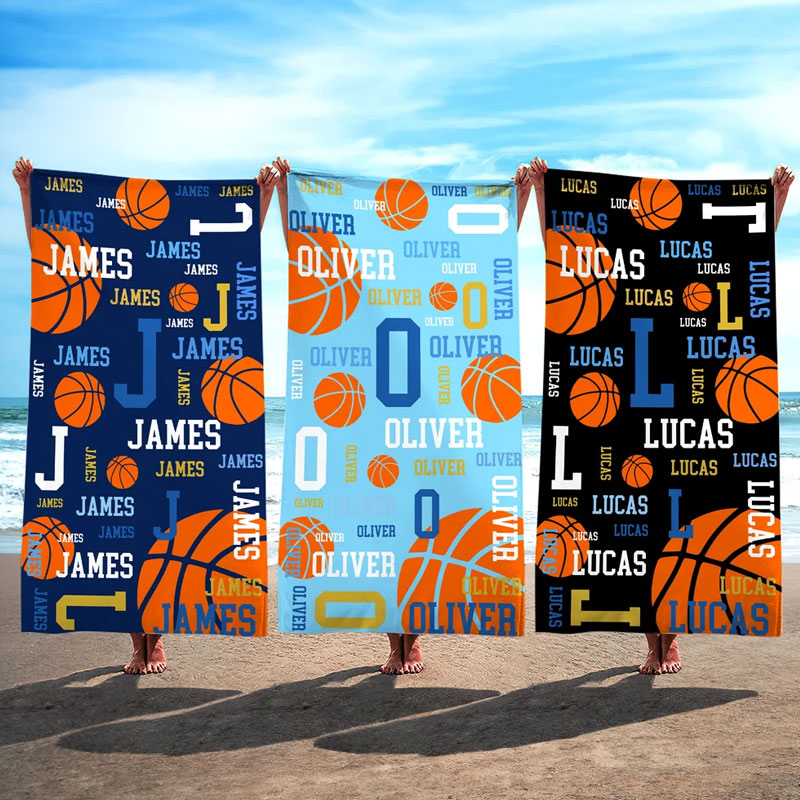 Personalized Basketball Design Quick Dry Oversized Microfiber Beach Towel with Name and Initial Beach Party Holiday Gift for Basketball Lovers