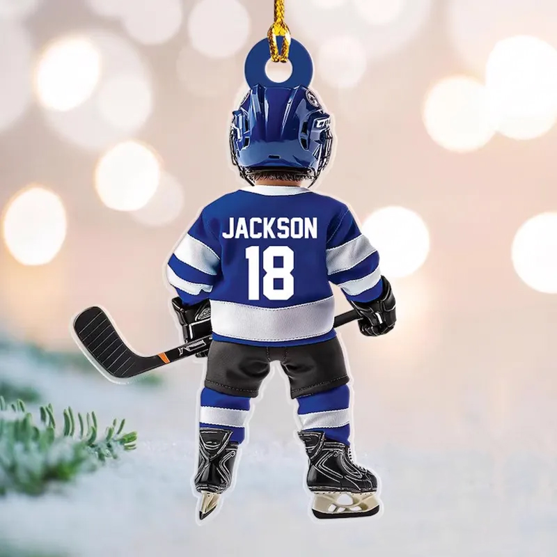 Personalized Hockey Player Ornament with Custom Name, Number, and Jersey Colors Design