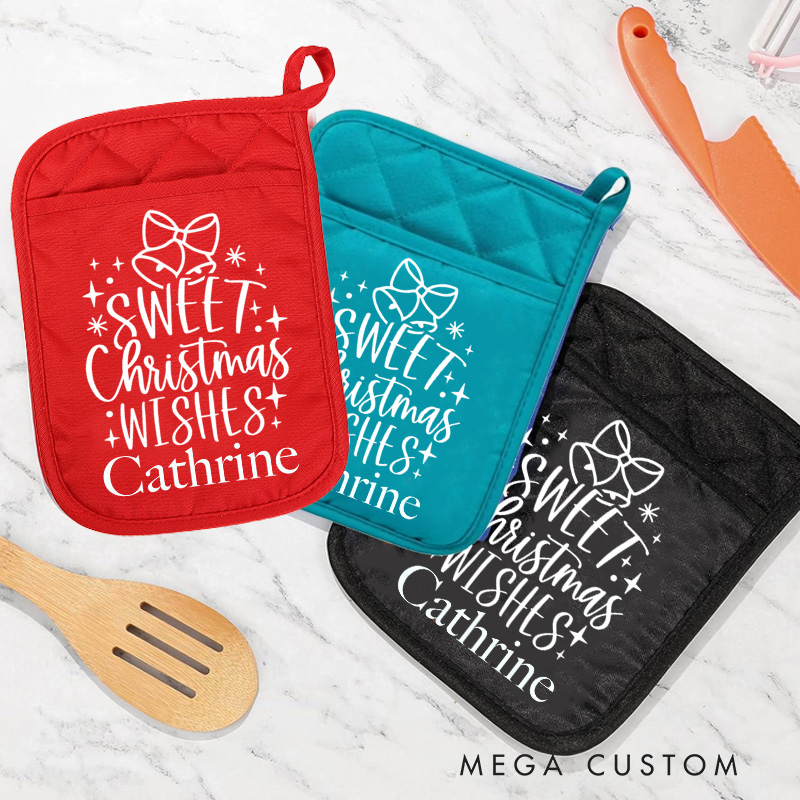 Personalized Sweet Christmas Wishes Pot Holders Custom Bell Potholder with Name Baking Lovers Gift Baker Gift Christmas Gift