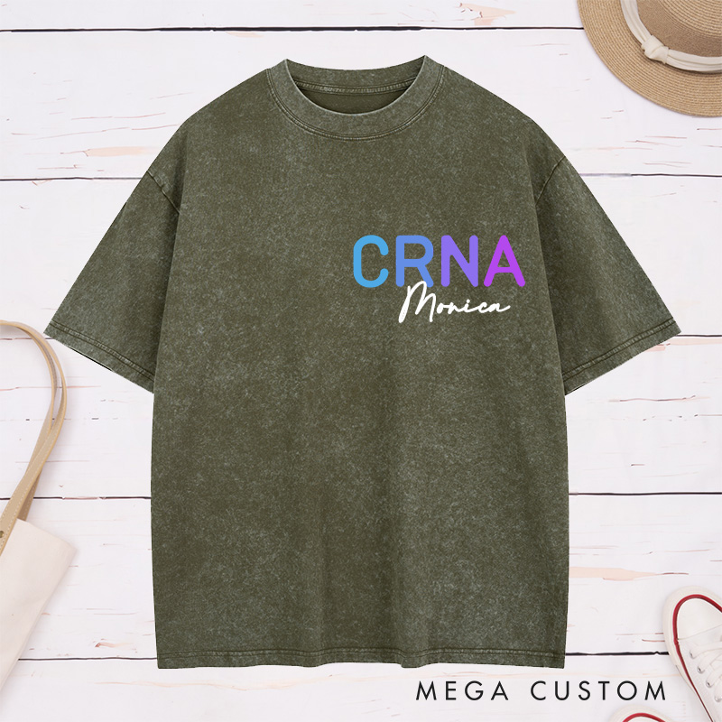Personalized Nurse Washed T-Shirt Customized Vintage Brown CRNA Design Washed T-Shirt 
