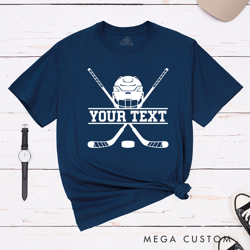 Personalized Hockey Helmet and Sticks T-Shirt with Custom Name 
