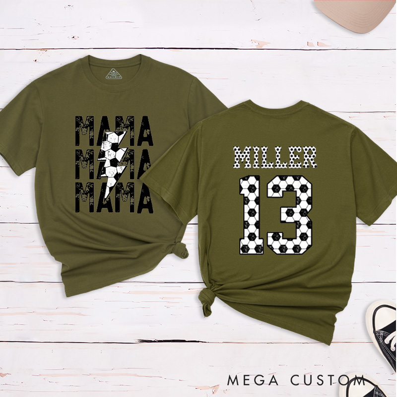 Personalized "Mama" Soccer T-Shirt with Custom Name and Number Design
