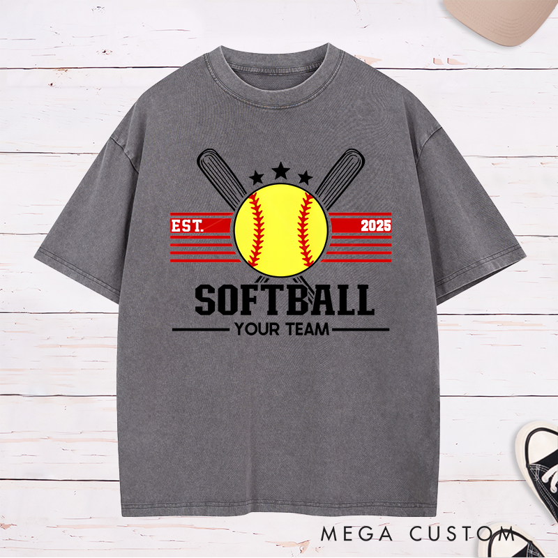 Personalized Softball Washed T-Shirt Team Logo Design Featuring a Customizable Year Team Name Bold Graphics and Classic Sports Elements