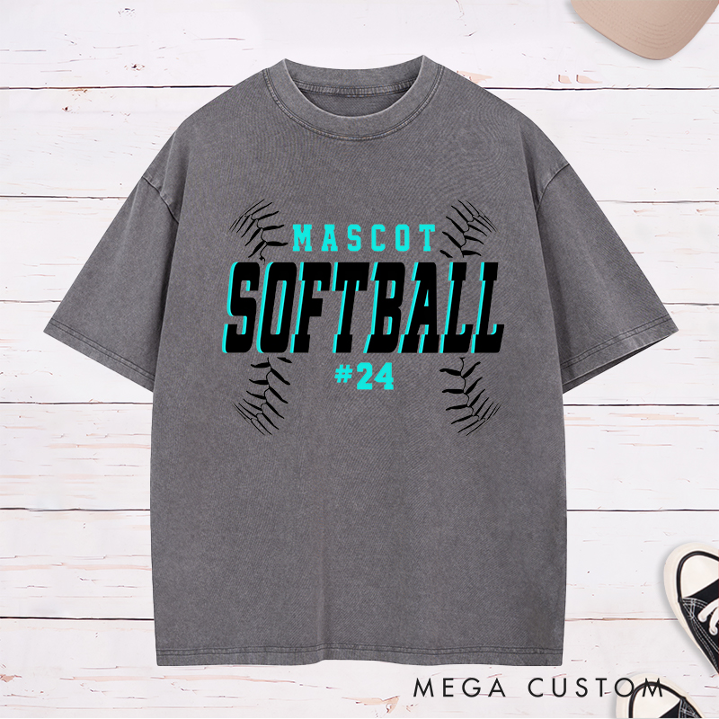 Personalized Softball Washed T-Shirt Team Design Featuring Bold Fixed Text a Dynamic Softball Stitching Graphic and Customizable Team Name and Player Number