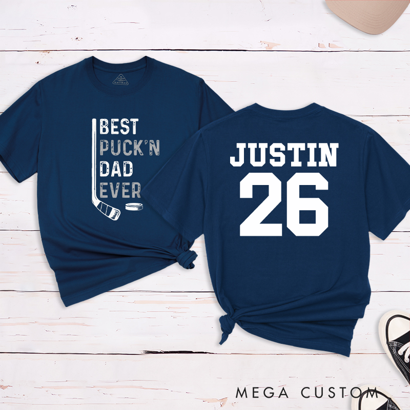 Personalized "Best Puck'n Dad Ever" Hockey T-Shirt with Custom Name and Number