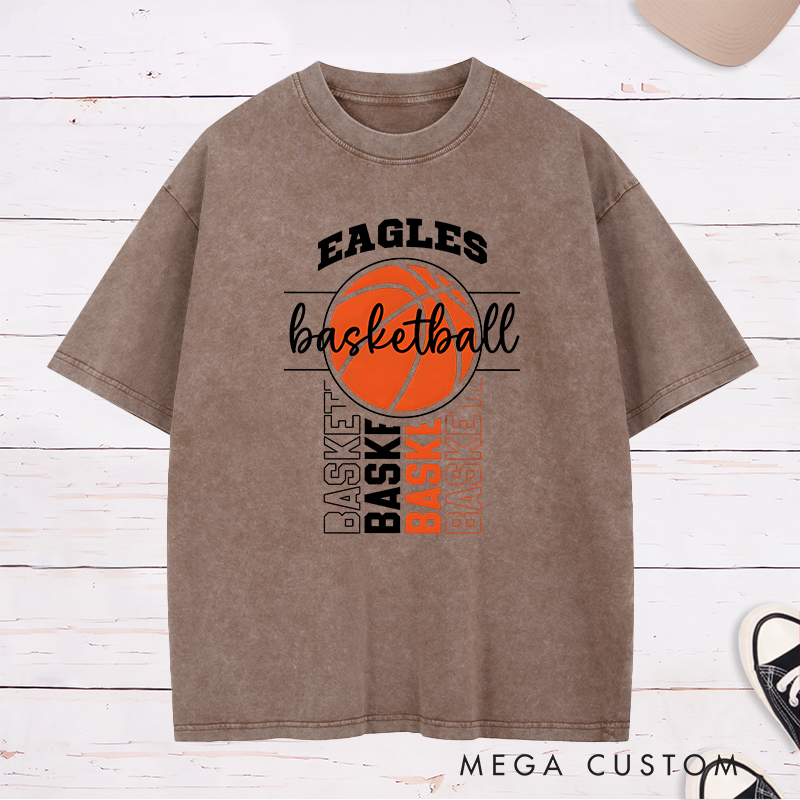 Personalized Washed T-Shirt Design Featuring Bold Basketball Graphics and Customizable Team Name