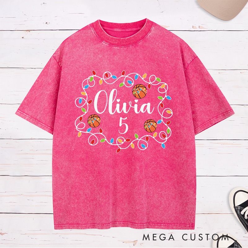Personalized Washed Christmas T-Shirt with Custom Name, Number, Basketballs, and String Lights Design