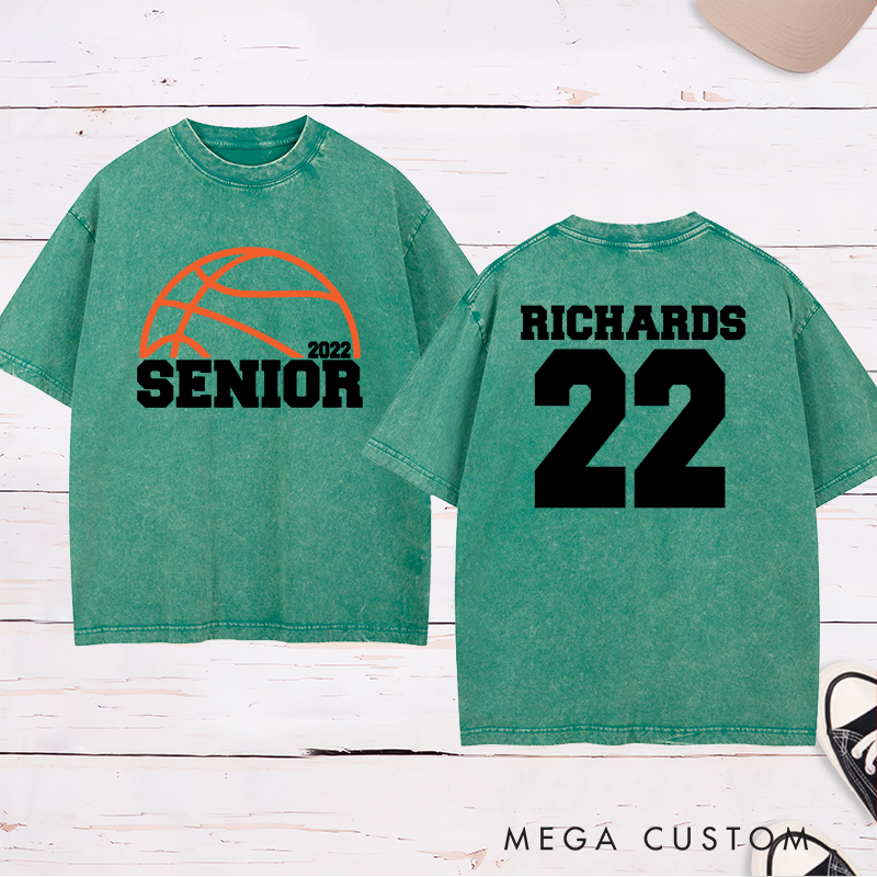 Personalized Washed T-Shirt Design Featuring Basketball Graphic and Customizable "Senior" Year Text for a Sporty and Memorable Look