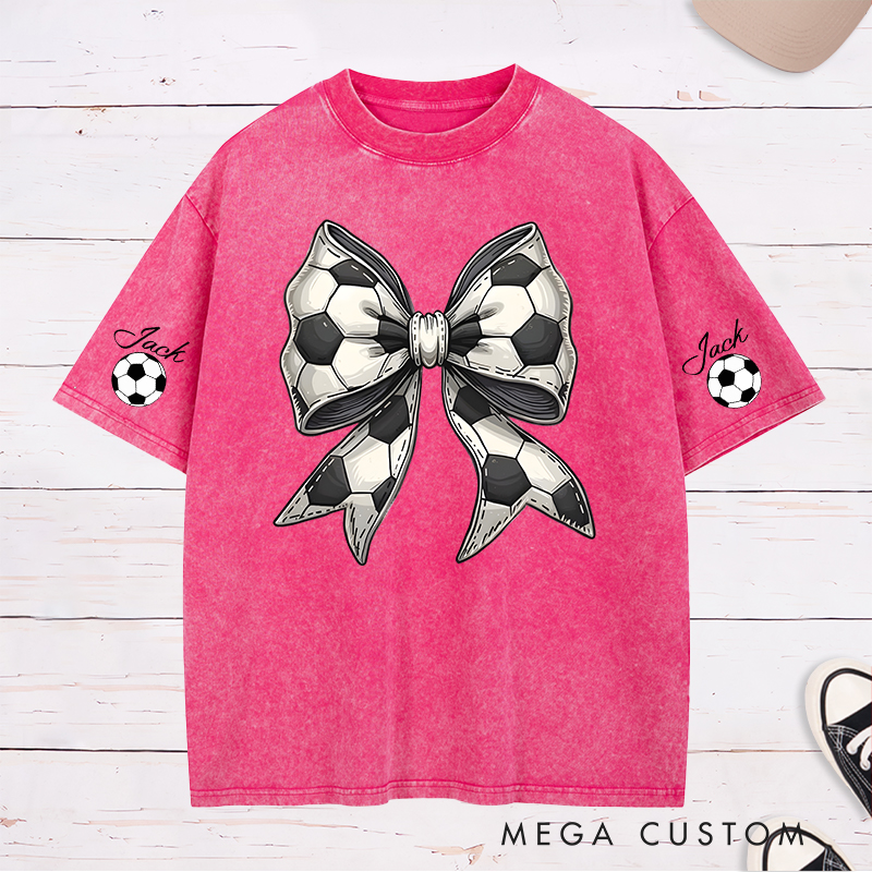 Personalized Soccer Washed T-Shirt with Stylish Soccer Ball Bow and Custom Name