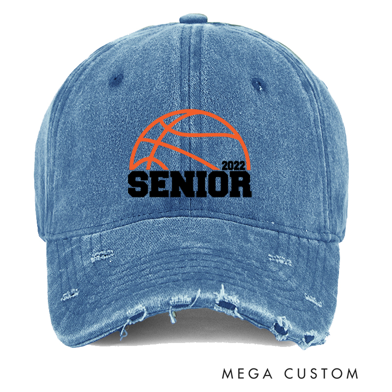 Personalized Distressed Basketball Cap with Senior Year Highlight and Basketball Graphic Design