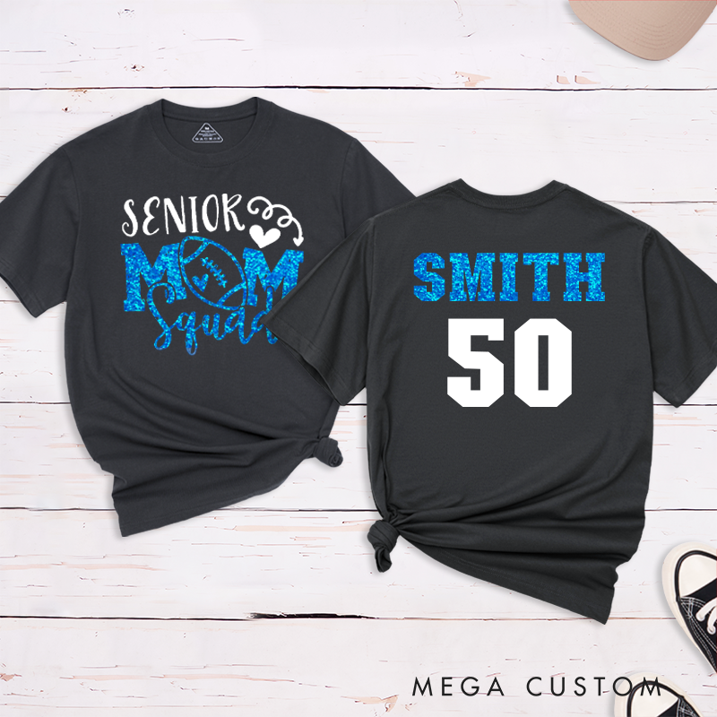 Personalized American Football and Rugby Glitter Senior Mom T-Shirts with Custom Name and Number