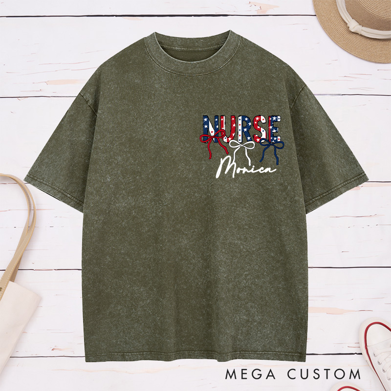 Personalized Nurse Washed T-Shirt Customized Patriotic Nurse Design Washed T-Shirt 