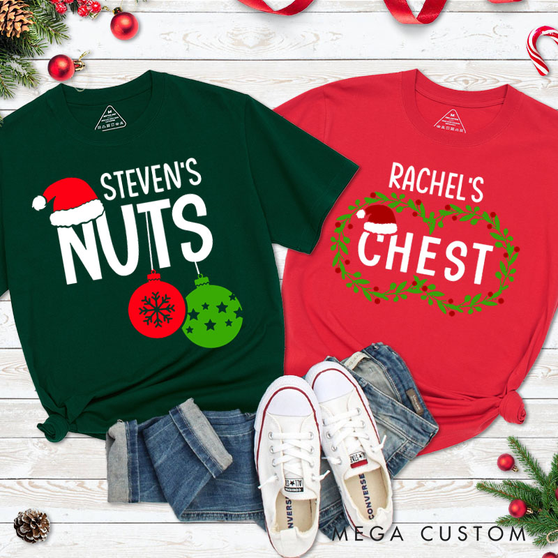 Personalized Couple Nuts and Chest Christmas Matching T-Shirt Couple Xmas Ball and Wreath T-Shirt for Husband Wife Boyfriend Girlfriend Tee Tops