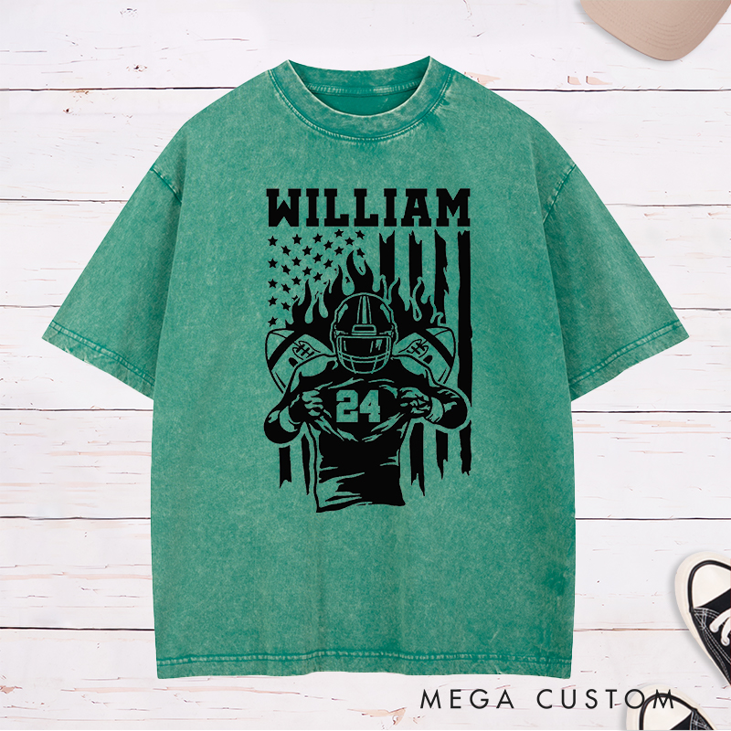 Personalized American Football Warrior Washed T-Shirts Featuring Custom Text on the Front