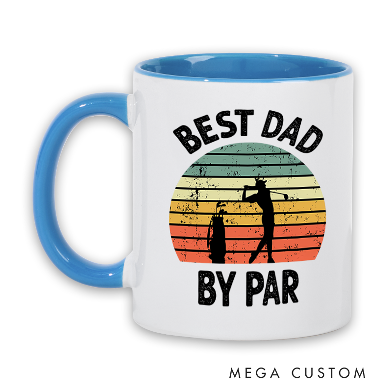 Personalized Golf Mug with Custom Title By Par Design Retro Sunset Style and Two Tone Handle