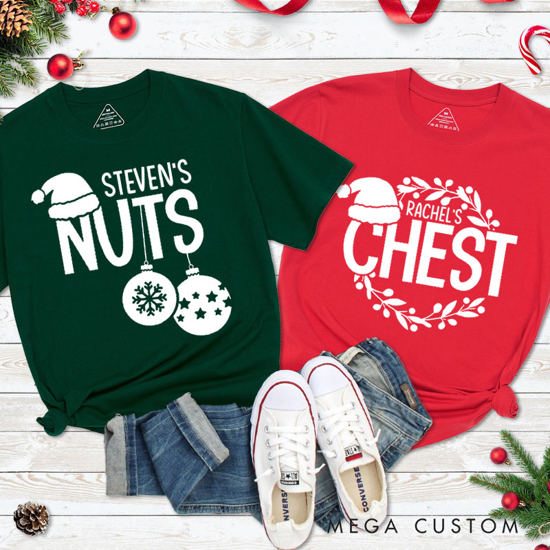 Personalized Couple Fun Nuts and Chest Christmas Matching T-Shirt with Name Couple Xmas Balls and Wreath T-Shirt for Husband Wife Boyfriend Girlfriend