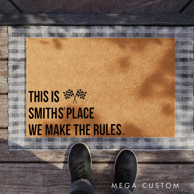 Personalized Checkered Flag Door Mat Custom Name Welcome Mat for Race Car Lovers and Motorsport Families