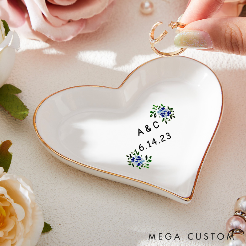 Personalized Blue Floral Wedding Monogram with Initials and Date Wedding Engagement Gold-Trimmed Ring Dishes